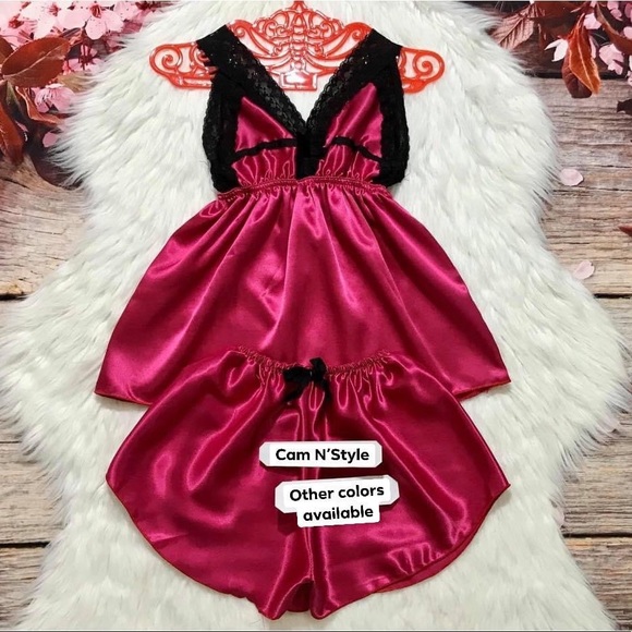 New Satin Silk-Like Lace PJs Set Assorted Color - Picture 2 of 8